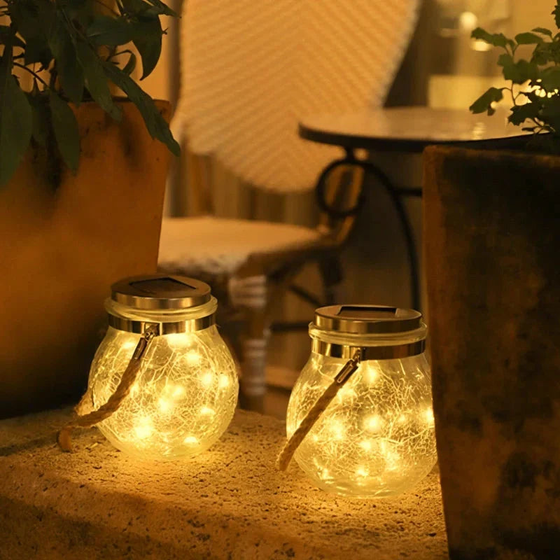 Solar Garden Lantern Crackle Glass Twilight Sensor