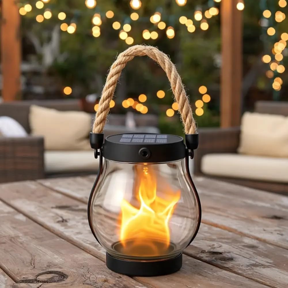 Solar Garden Lantern Realistic Flickering Flame Hemp Rope