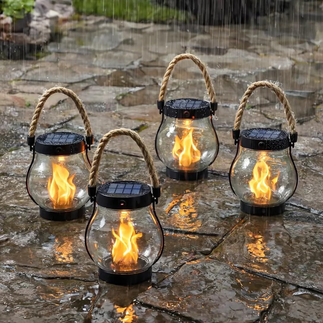 Solar Garden Lantern Realistic Flickering Flame Hemp Rope