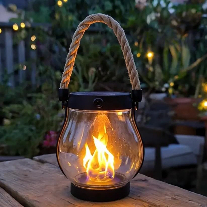 Solar Garden Lantern Realistic Flickering Flame Hemp Rope