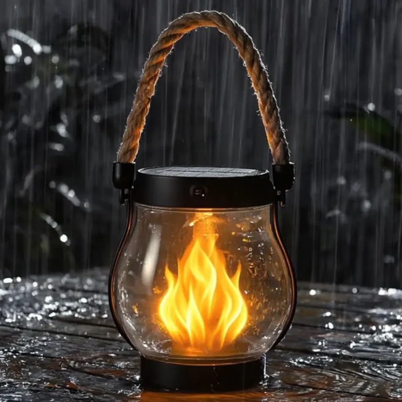 Solar Garden Lantern Realistic Flickering Flame Hemp Rope