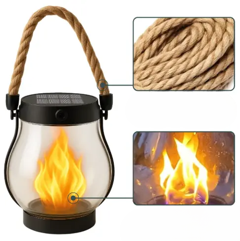 Solar Garden Lantern Realistic Flickering Flame Hemp Rope