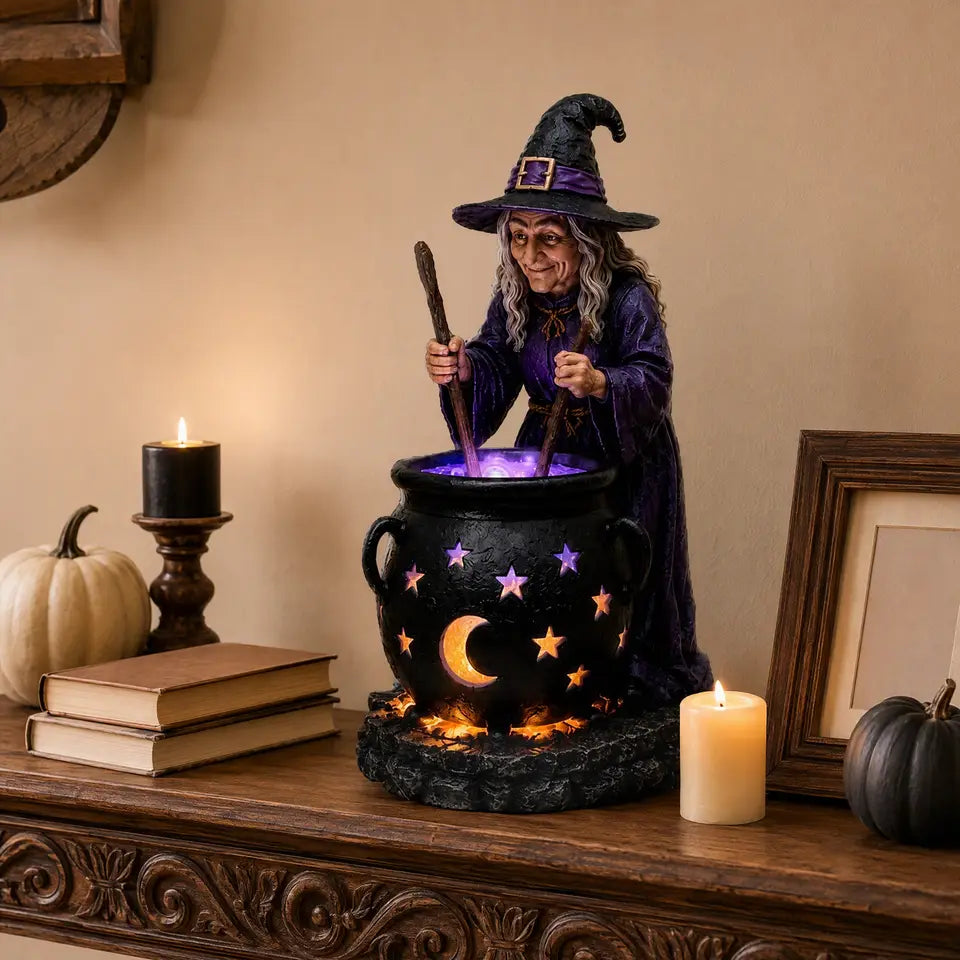 Solar Garden Light Witch Cauldron Weather-Resistant Resin LED