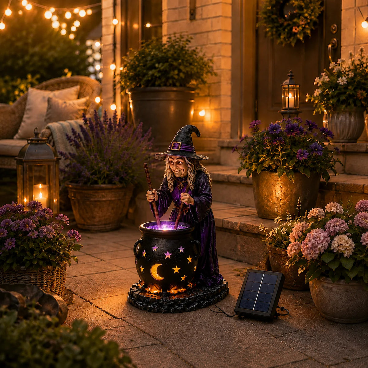 Solar Garden Light Witch Cauldron Weather-Resistant Resin LED