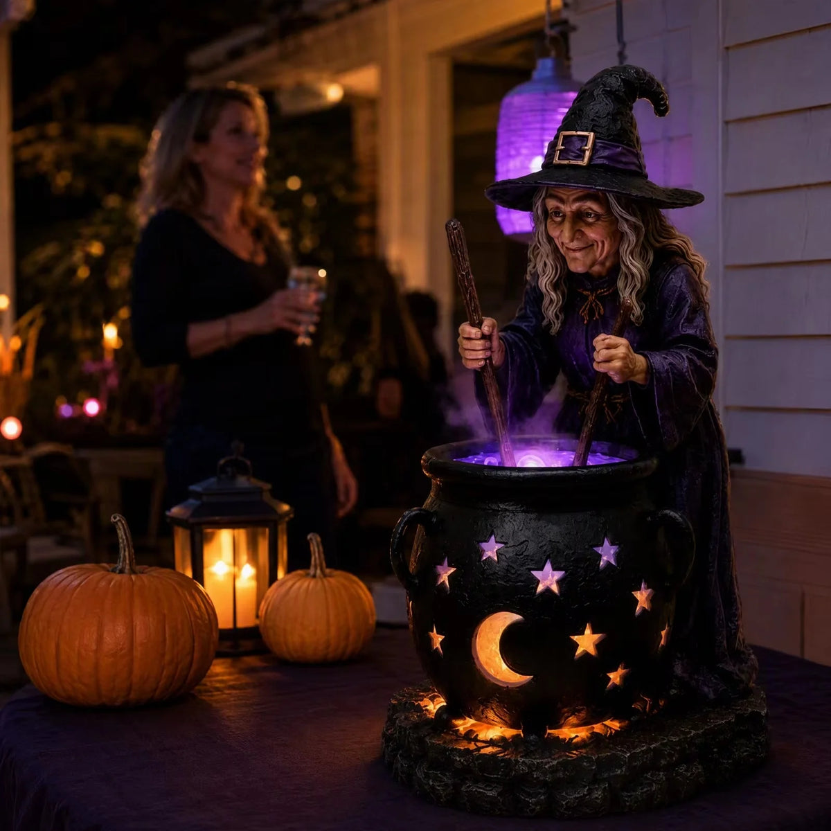 Solar Garden Light Witch Cauldron Weather-Resistant Resin LED