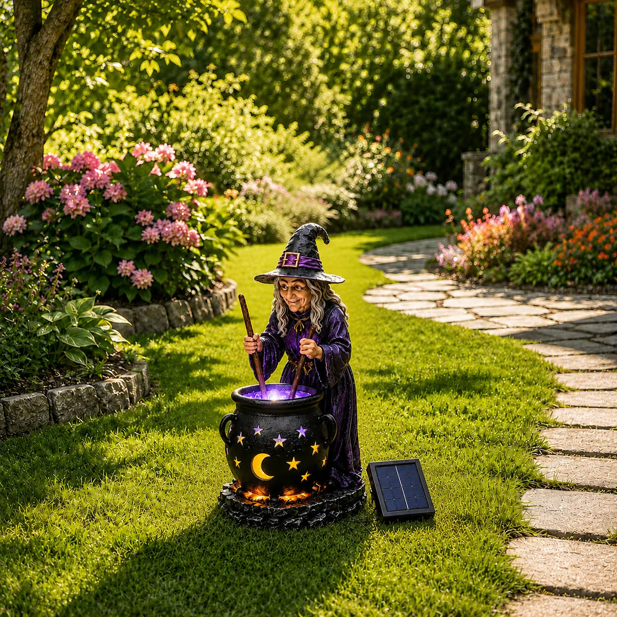 Solar Garden Light Witch Cauldron Weather-Resistant Resin LED