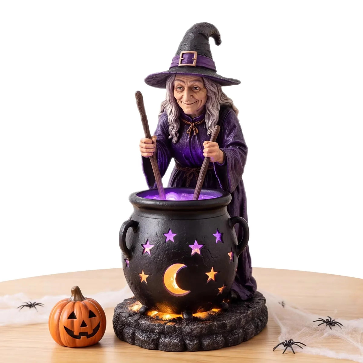 Solar Garden Light Witch Cauldron Weather-Resistant Resin LED