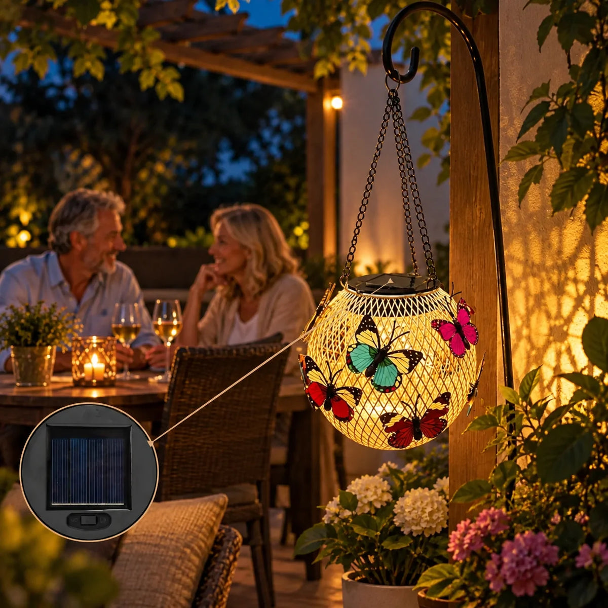 Solar Lantern Iron Butterfly Motif Warm-White LEDs