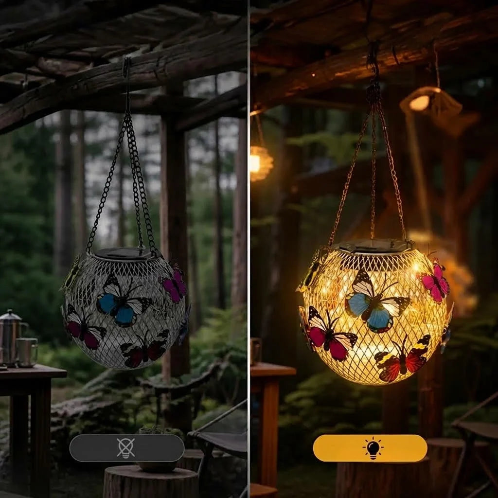 Solar Lantern Iron Butterfly Motif Warm-White LEDs