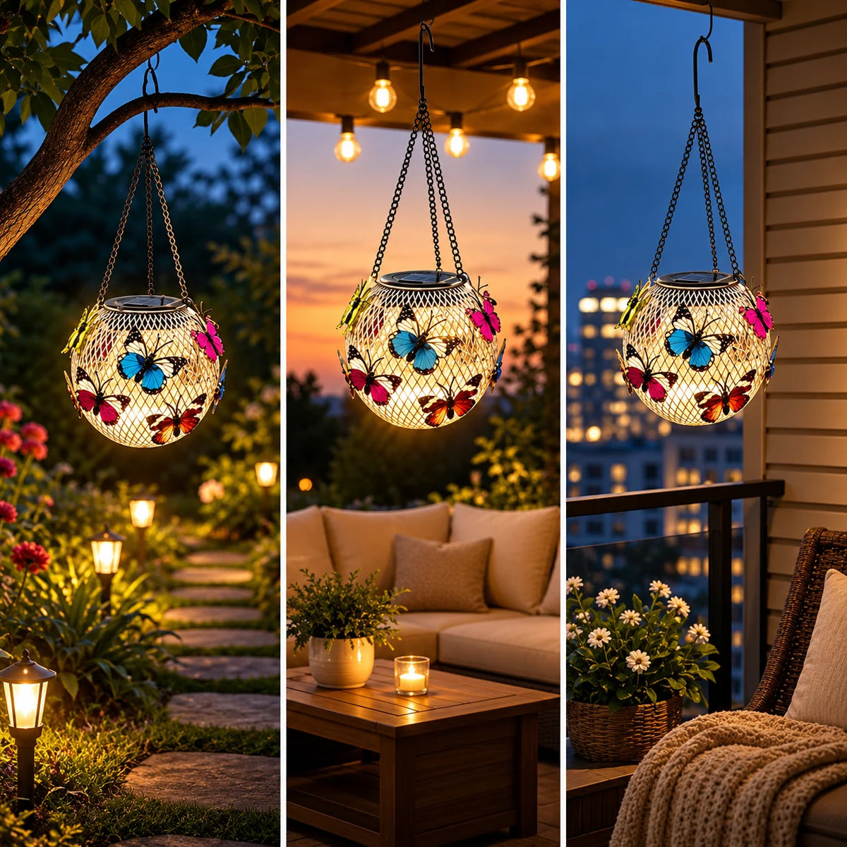 Solar Lantern Iron Butterfly Motif Warm-White LEDs