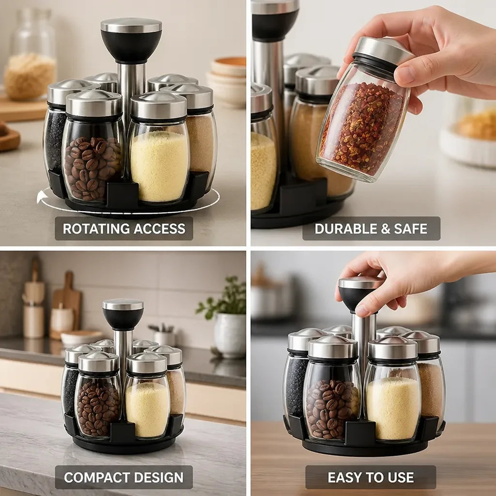 Spice Jar Set 6 Glass Jars Rotating Base