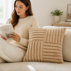 Square Throw Pillow Faux Fur Ribbed Grid Plush Insert