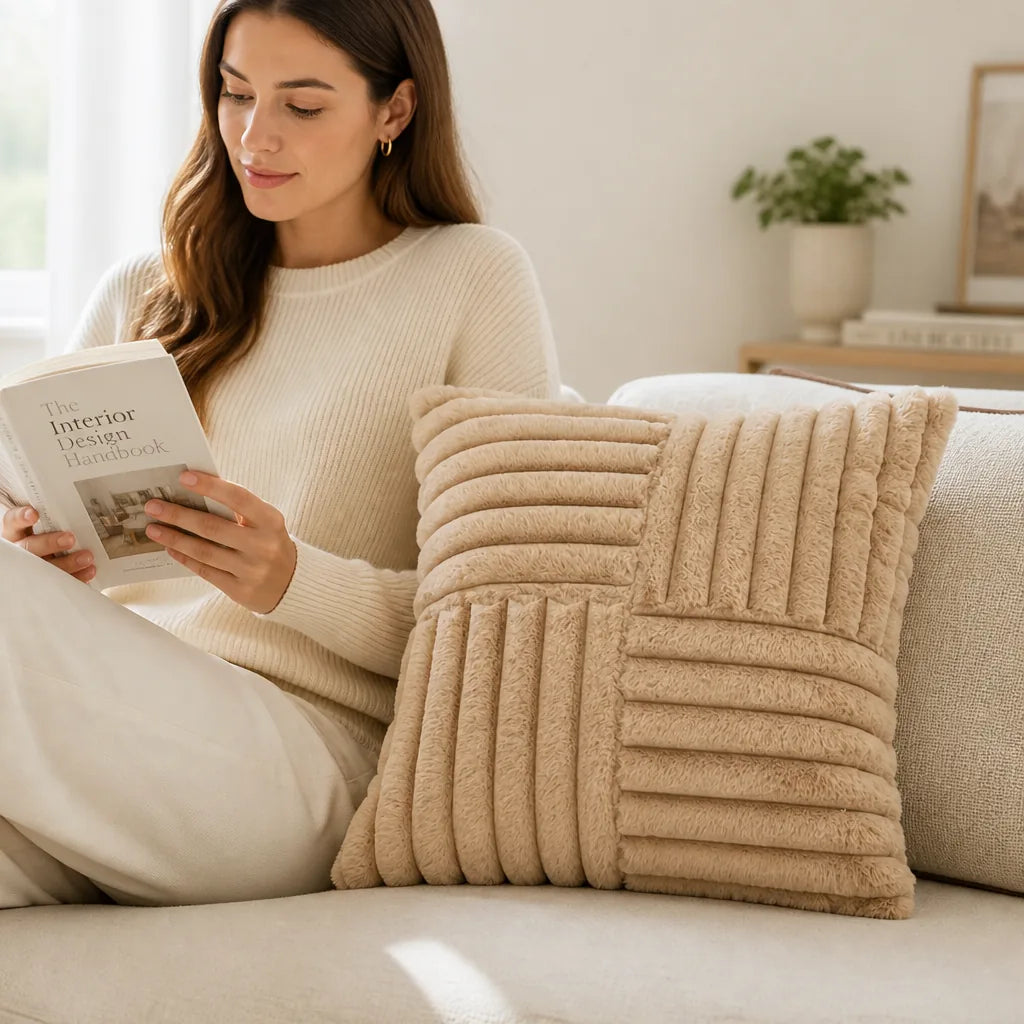 Square Throw Pillow Faux Fur Ribbed Grid Plush Insert