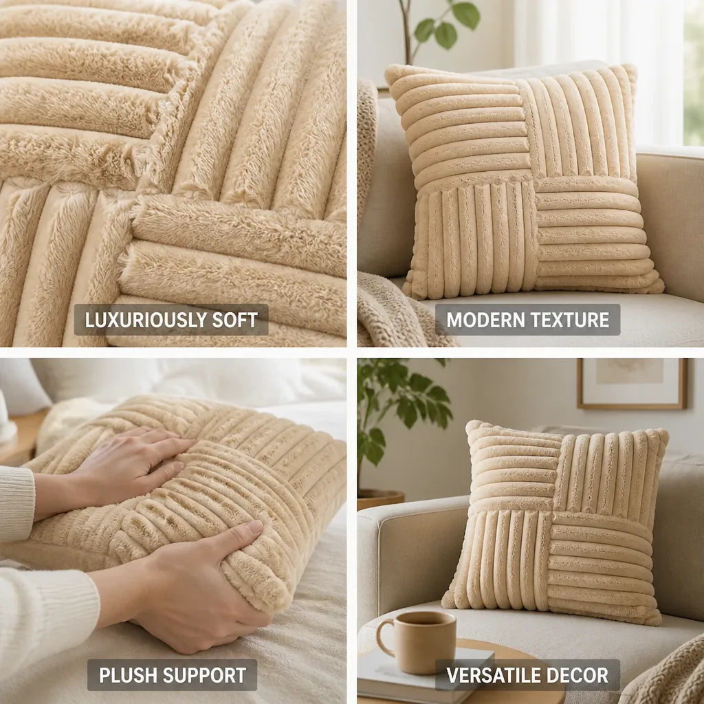 Square Throw Pillow Faux Fur Ribbed Grid Plush Insert