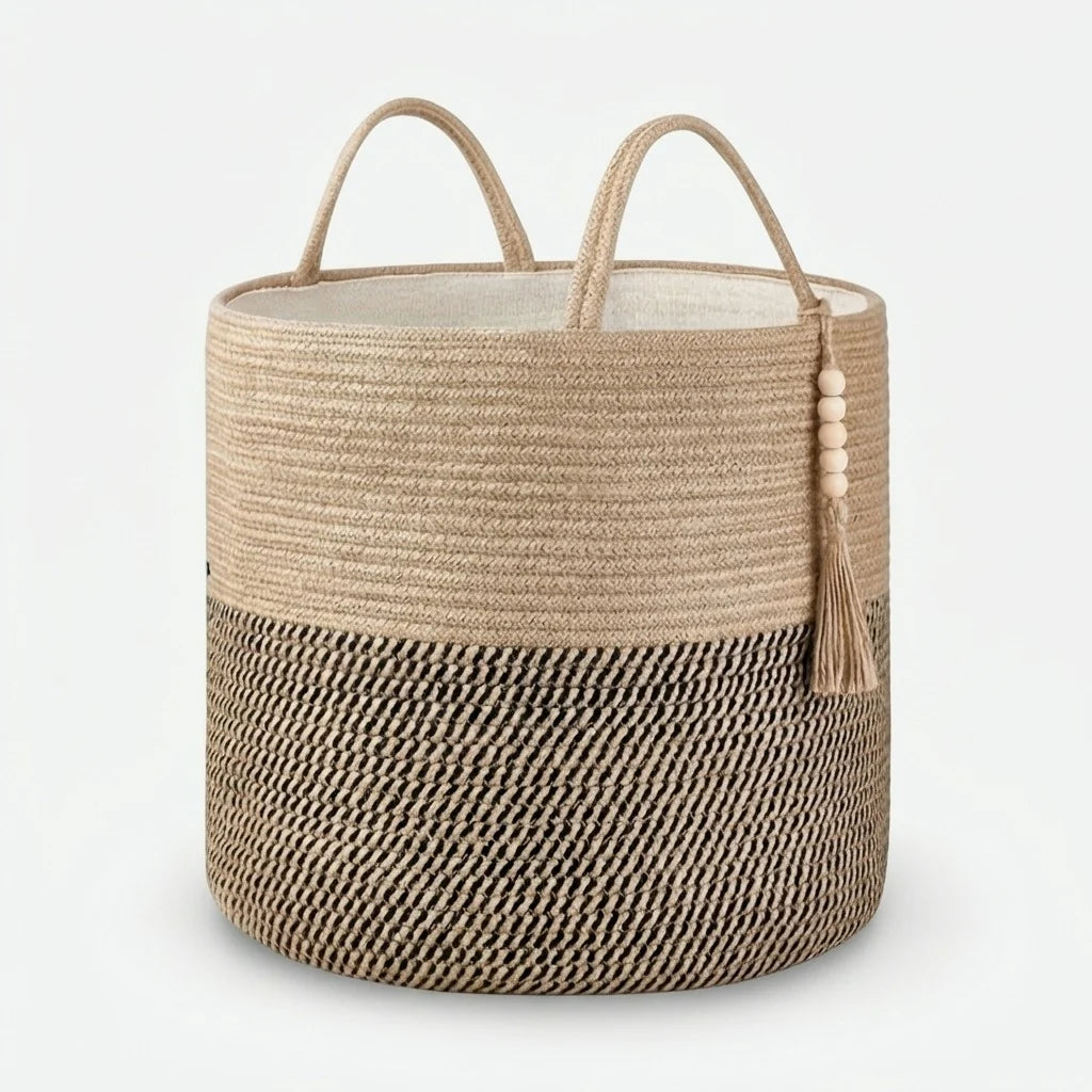 Storage Basket Handcrafted Cotton Rope Foldable Reinforced Handles