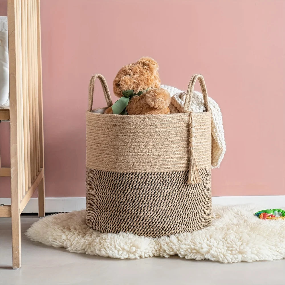 Storage Basket Handcrafted Cotton Rope Foldable Reinforced Handles