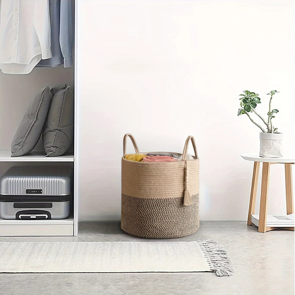 Storage Basket Handcrafted Cotton Rope Foldable Reinforced Handles