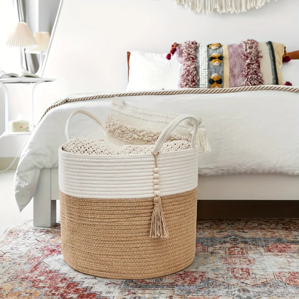 Storage Basket Handcrafted Cotton Rope Foldable Reinforced Handles