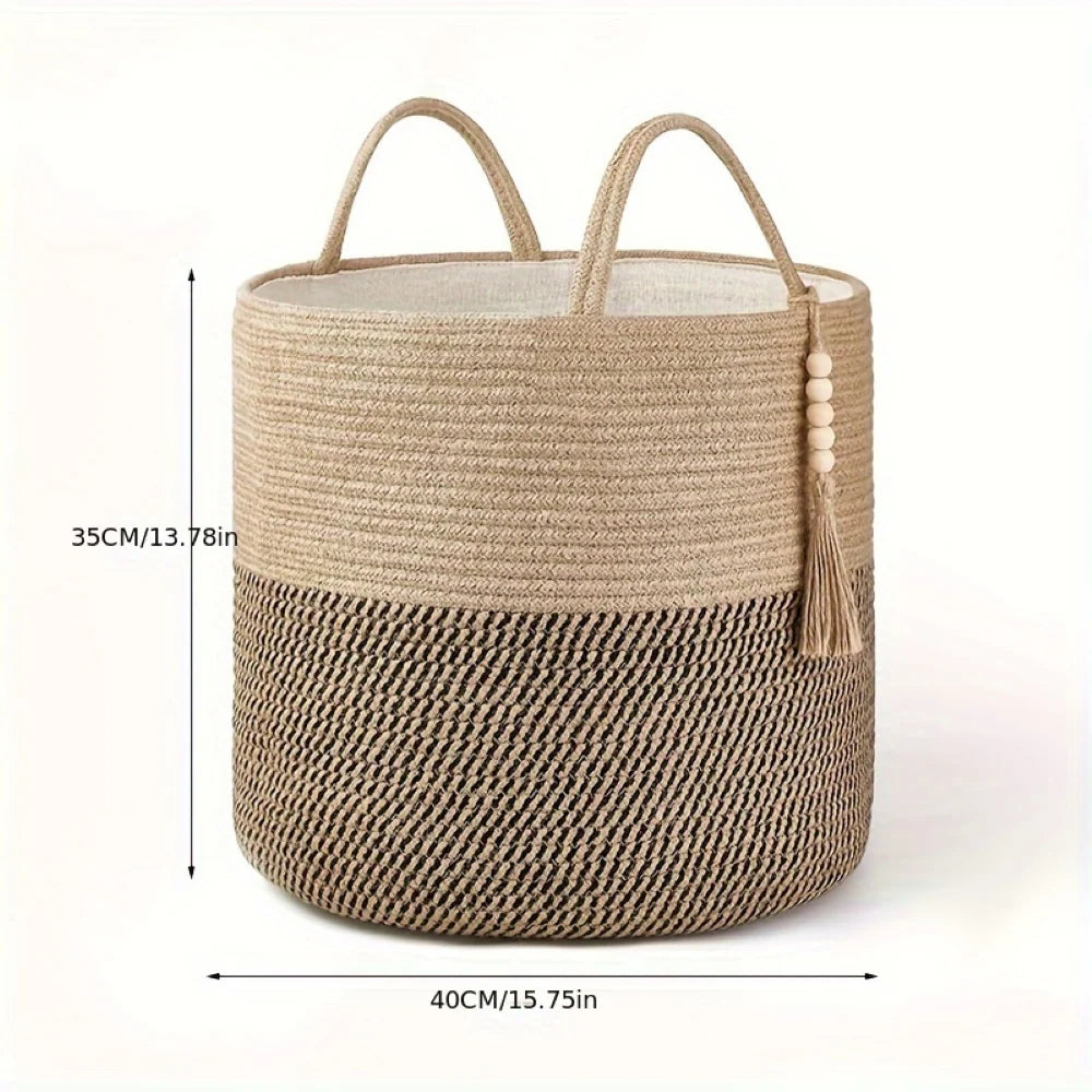 Storage Basket Handcrafted Cotton Rope Foldable Reinforced Handles