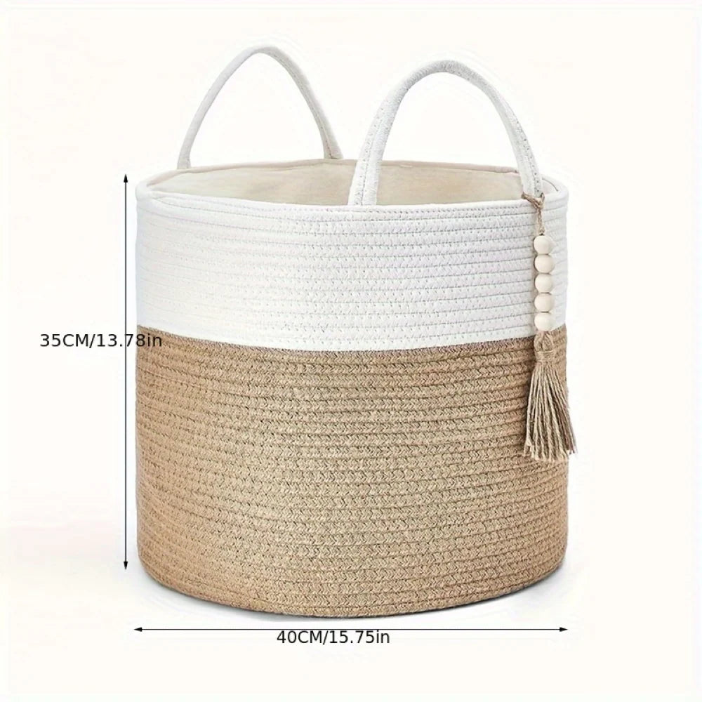 Storage Basket Handcrafted Cotton Rope Foldable Reinforced Handles