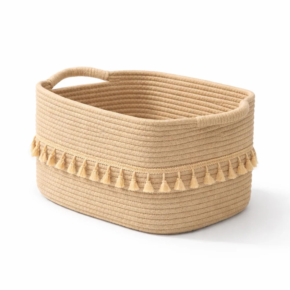 Storage Basket Handwoven Cotton Rope Tassel Trim Built-In Handles