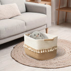Storage Basket Handwoven Cotton Rope Tassel Trim Built-In Handles