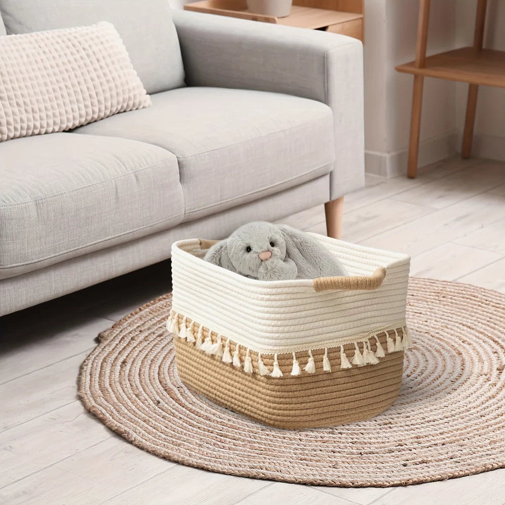 Storage Basket Handwoven Cotton Rope Tassel Trim Built-In Handles