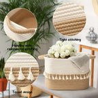 Storage Basket Handwoven Cotton Rope Tassel Trim Built-In Handles