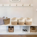 Storage Basket Handwoven Cotton Rope Tassel Trim Built-In Handles