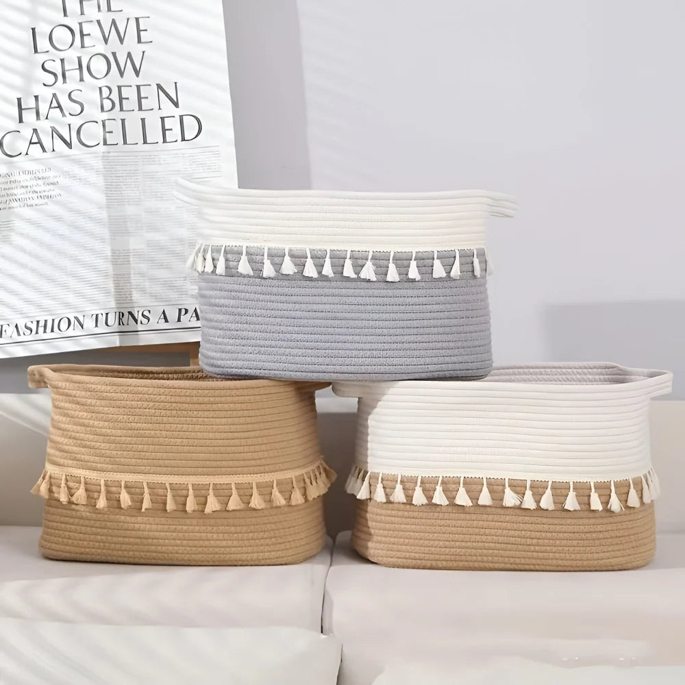 Storage Basket Handwoven Cotton Rope Tassel Trim Built-In Handles
