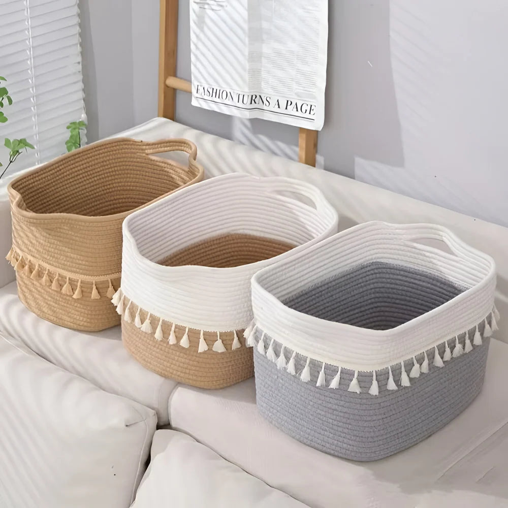 Storage Basket Handwoven Cotton Rope Tassel Trim Built-In Handles