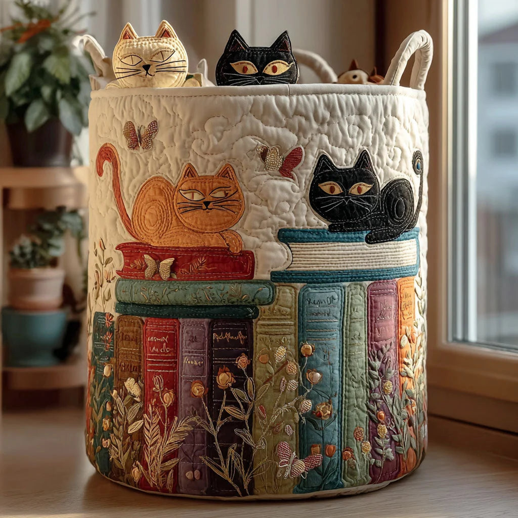 Storage Basket Quilted Embroidered Cat Design