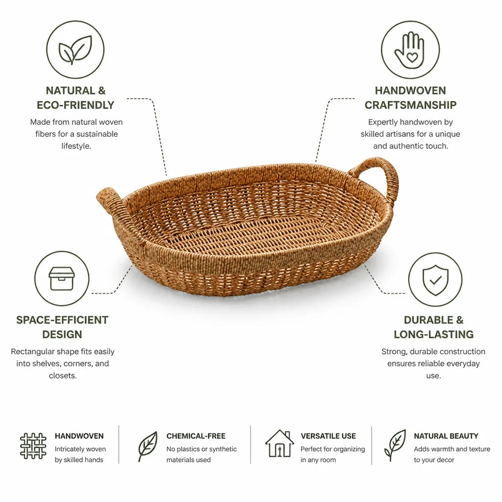 Storage Basket Rectangular Handwoven Natural Fibers