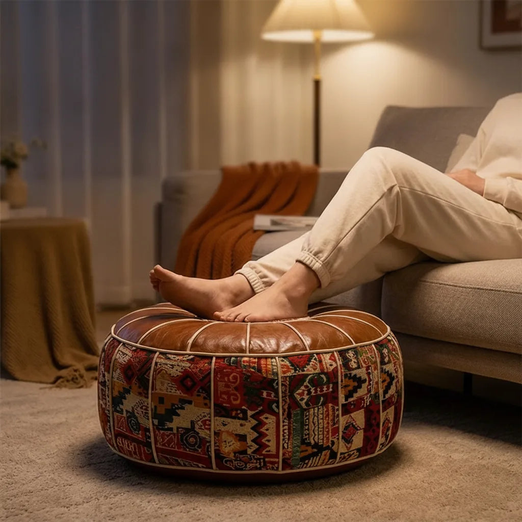 Storage Ottoman Kilim Patchwork Faux Leather Removable Lid