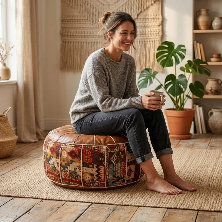 Storage Ottoman Kilim Patchwork Faux Leather Removable Lid