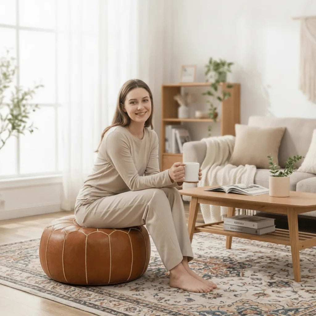 Storage Pouf Hidden Storage Hand-Embroidered Faux Leather