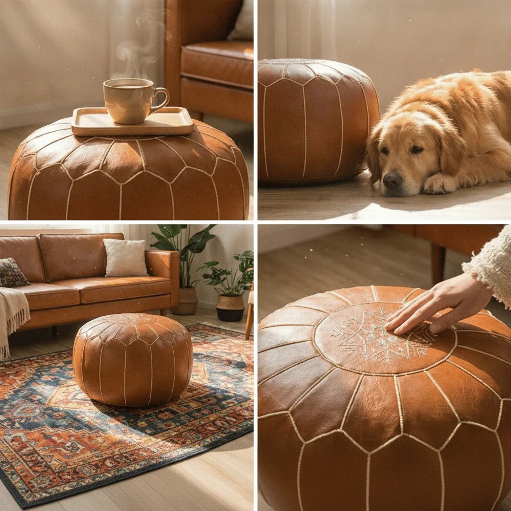 Storage Pouf Hidden Storage Hand-Embroidered Faux Leather