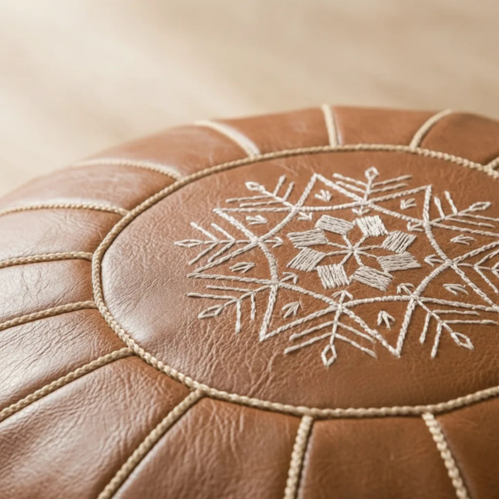 Storage Pouf Hidden Storage Hand-Embroidered Faux Leather