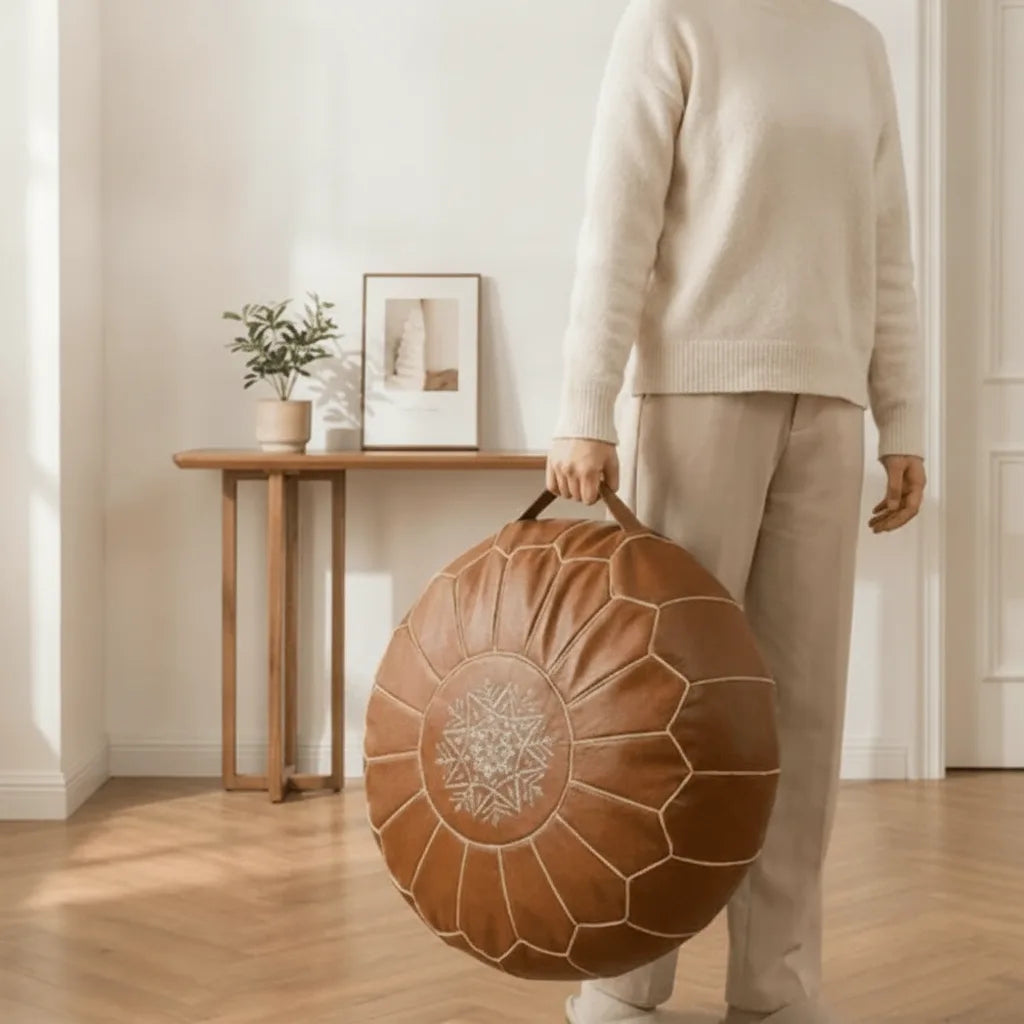 Storage Pouf Hidden Storage Hand-Embroidered Faux Leather