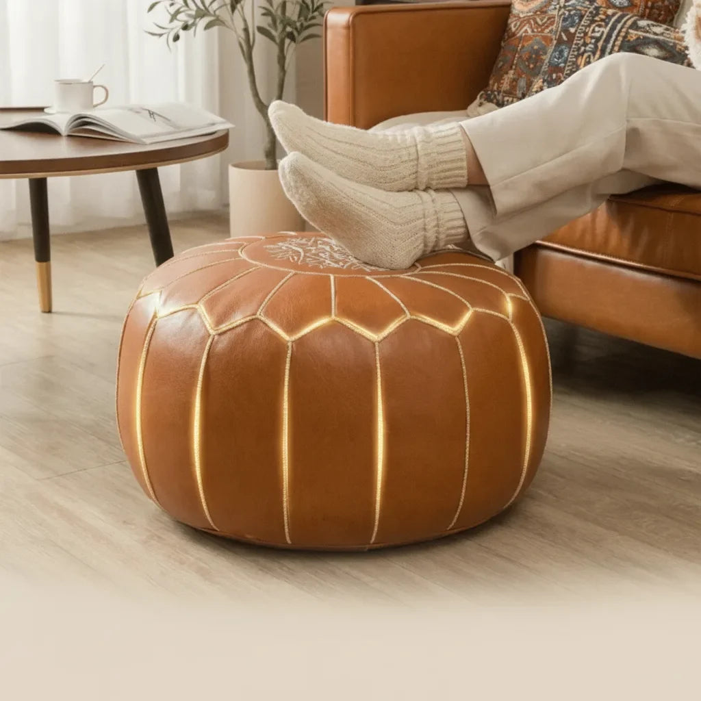 Storage Pouf Hidden Storage Hand-Embroidered Faux Leather