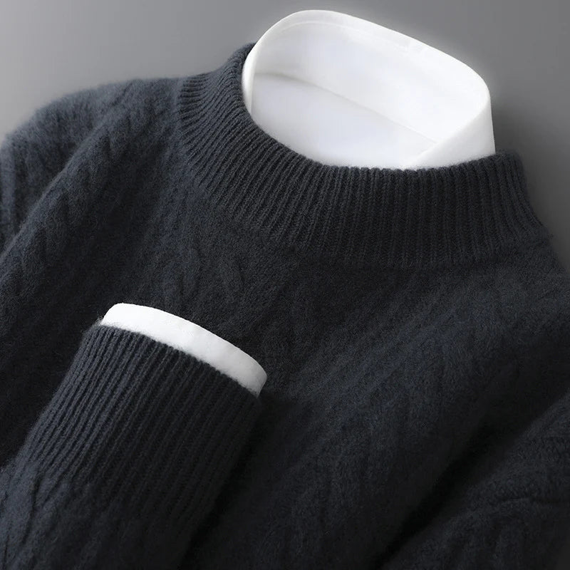 Sweater 100% Wool Jacquard Knit Stand-Up Collar