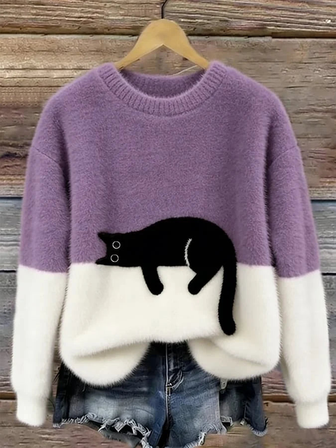 Sweatshirt Oversized Soft Black Cat Graphic