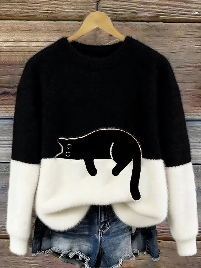 Sweatshirt Oversized Soft Black Cat Graphic