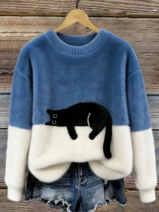 Sweatshirt Oversized Soft Black Cat Graphic
