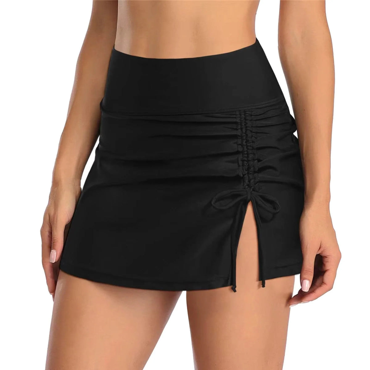 Swim Skirt High-Waist Ruched Side Tie & Slit