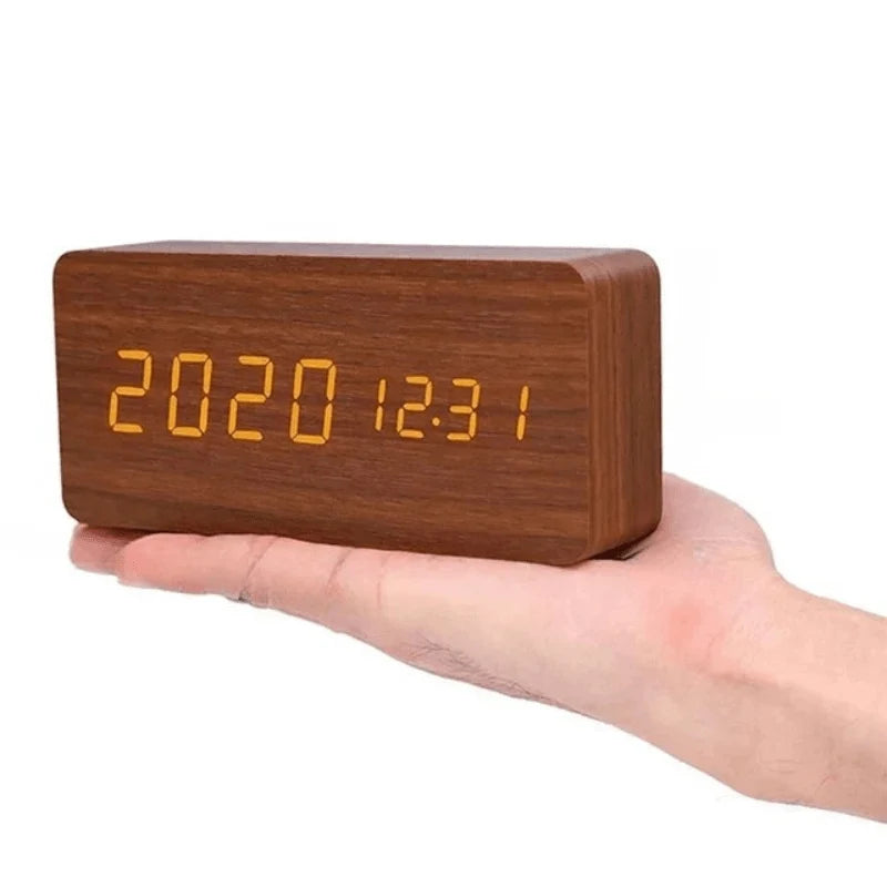 Table Clock Wooden LED Display Voice-Activated Controls