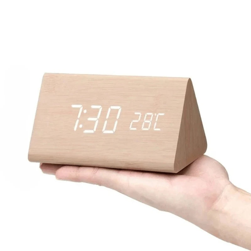 Table Clock Wooden LED Display Voice-Activated Controls