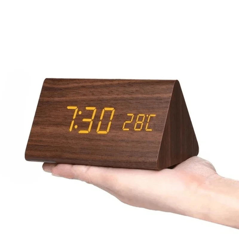 Table Clock Wooden LED Display Voice-Activated Controls