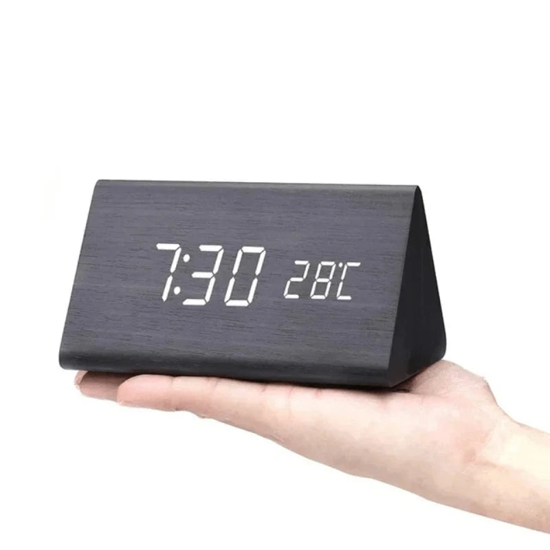 Table Clock Wooden LED Display Voice-Activated Controls
