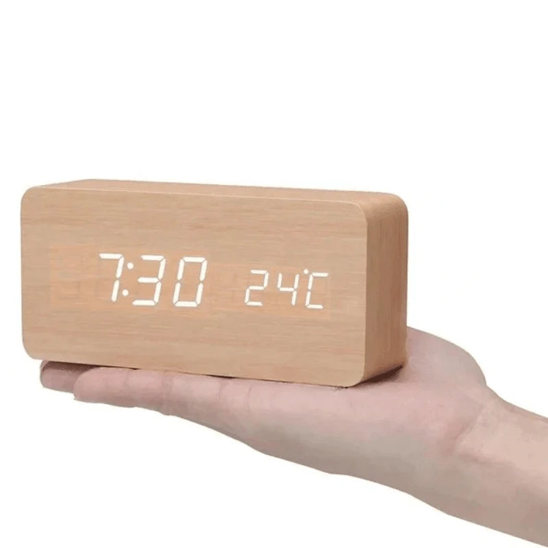 Table Clock Wooden LED Display Voice-Activated Controls